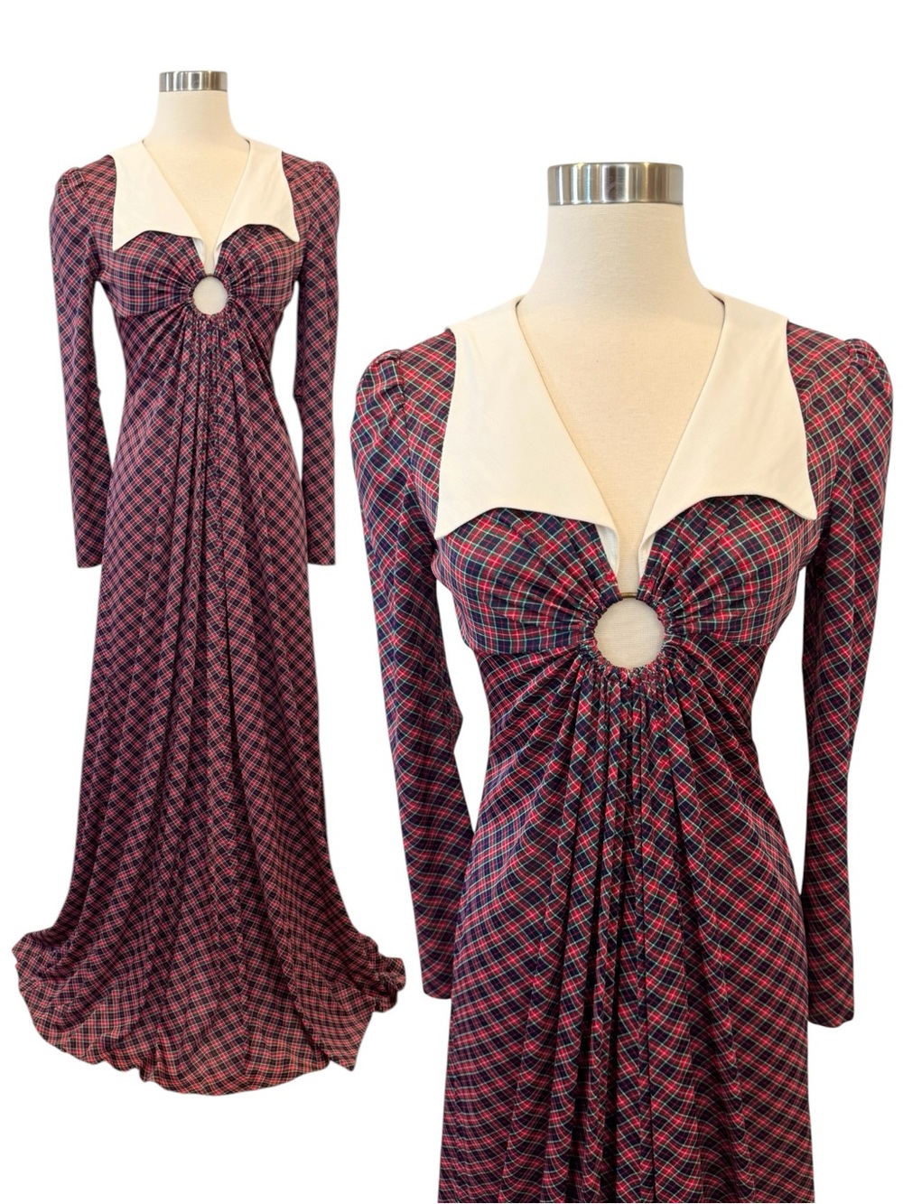 Vintage Corky Craig Red Green Holiday Plaid Groovy 70s Maxi Gown Prairie Dress